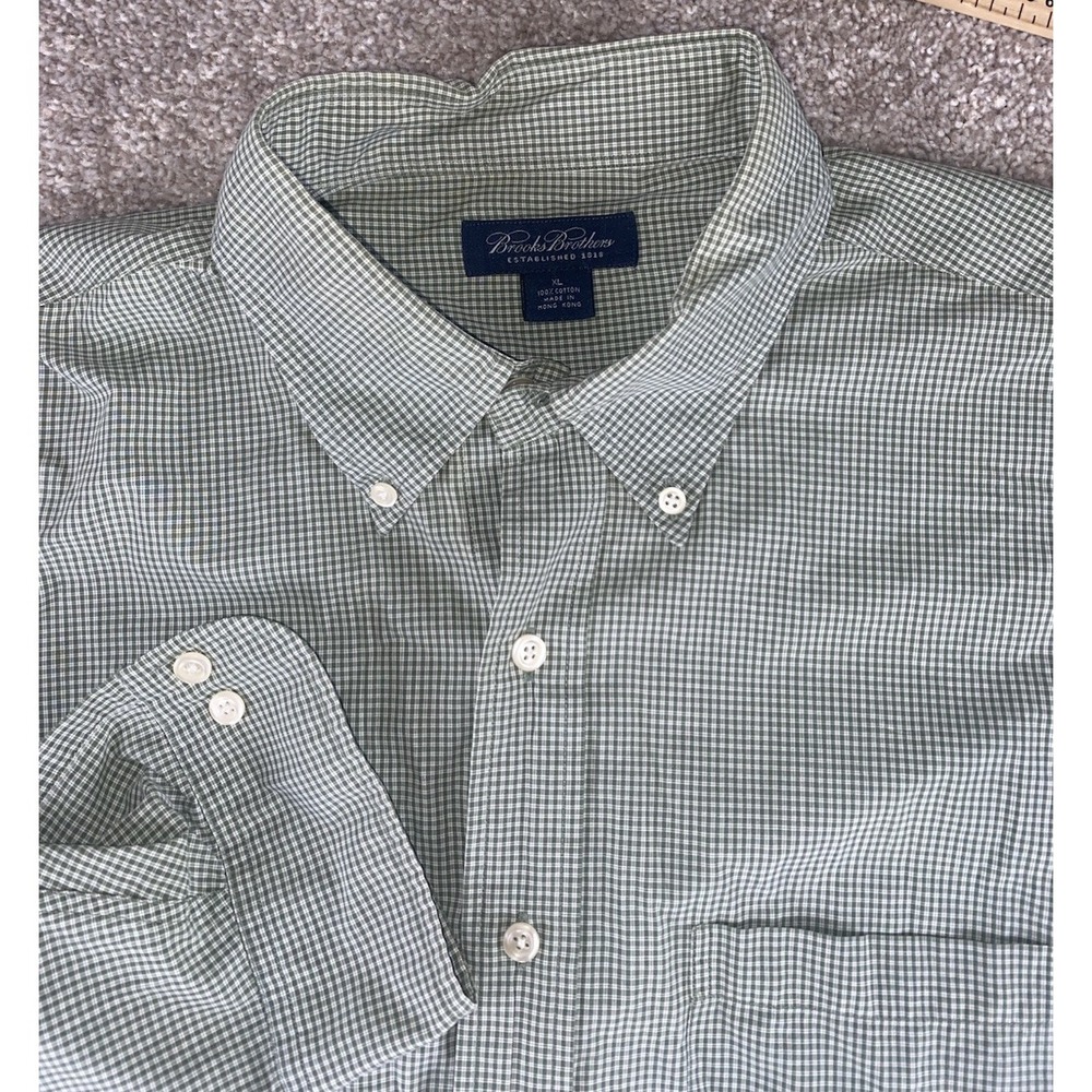 Brooks Brothers Green Gingham Check Plaid Shirt Cotton Preppy Mens XL Pocket